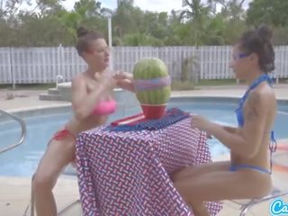 Camsoda teens with big bokong and big susu introduce a watermelon explode with karet ba